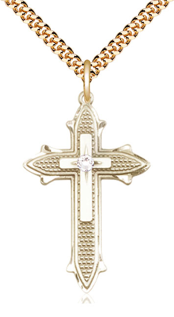 14kt Gold Filled Cross on Cross Pendant with a 3mm Crystal Swarovski stone on a 24 inch Gold Plate Heavy Curb chain