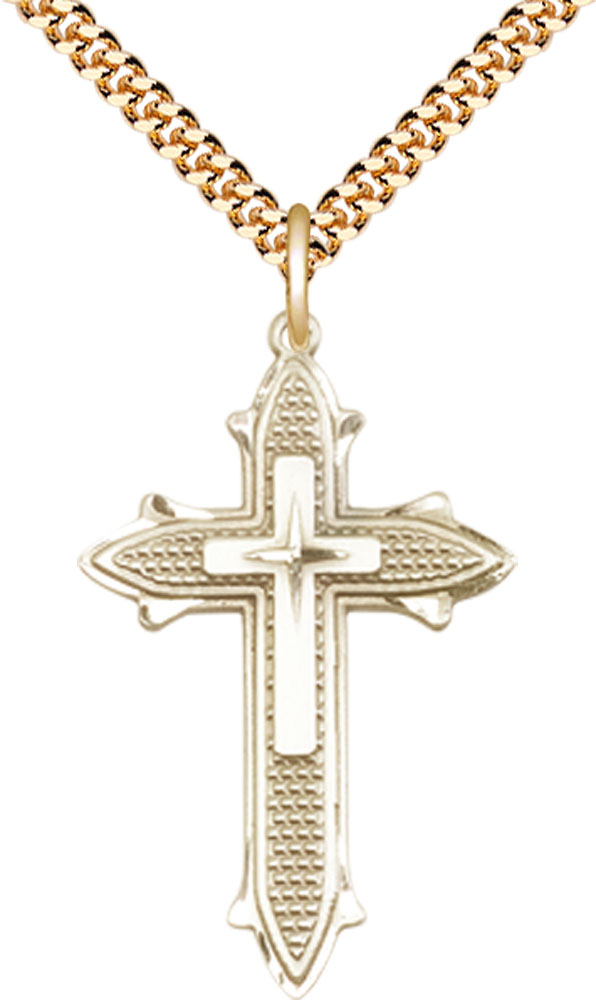 14kt Gold Filled Cross on Cross Pendant on a 24 inch Gold Plate Heavy Curb chain