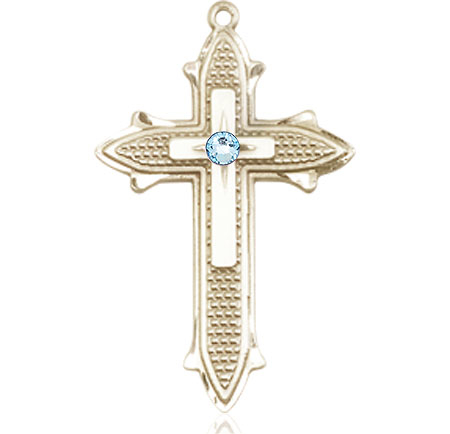 14kt Gold Cross on Cross Medal with a 3mm Aqua Swarovski stone