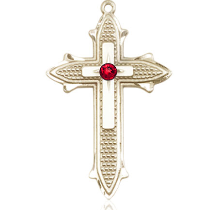14kt Gold Cross on Cross Medal with a 3mm Ruby Swarovski stone
