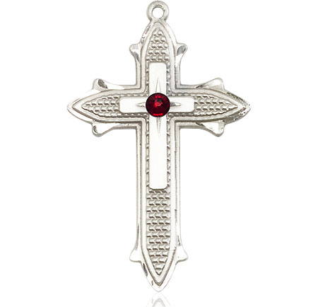 Sterling Silver Cross on Cross Medal with a 3mm Garnet Swarovski stone