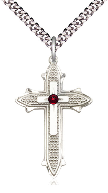 Sterling Silver Cross on Cross Pendant with a 3mm Garnet Swarovski stone on a 24 inch Light Rhodium Heavy Curb chain