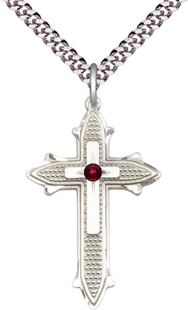 Sterling Silver Cross on Cross Pendant with a 3mm Garnet Swarovski stone on a 24 inch Light Rhodium Heavy Curb chain