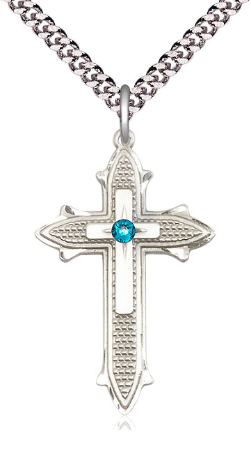 Sterling Silver Cross on Cross Pendant with a 3mm Zircon Swarovski stone on a 24 inch Light Rhodium Heavy Curb chain