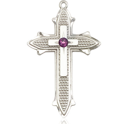 Sterling Silver Cross on Cross Medal with a 3mm Amethyst Swarovski stone