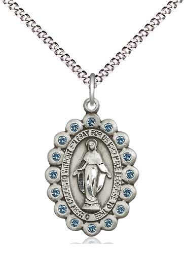 Sterling Silver Miraculous Pendant with Aqua Swarovski stones on a 18 inch Light Rhodium Light Curb chain