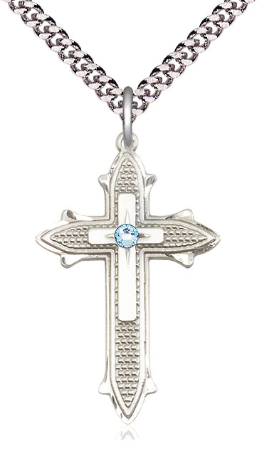 Sterling Silver Cross on Cross Pendant with a 3mm Aqua Swarovski stone on a 24 inch Light Rhodium Heavy Curb chain