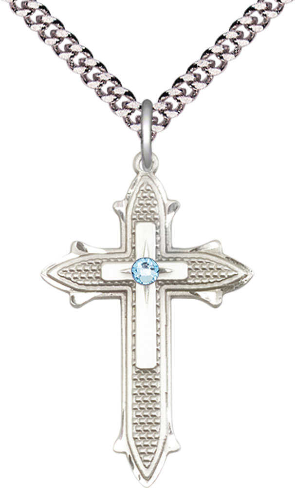 Sterling Silver Cross on Cross Pendant with a 3mm Aqua Swarovski stone on a 24 inch Light Rhodium Heavy Curb chain