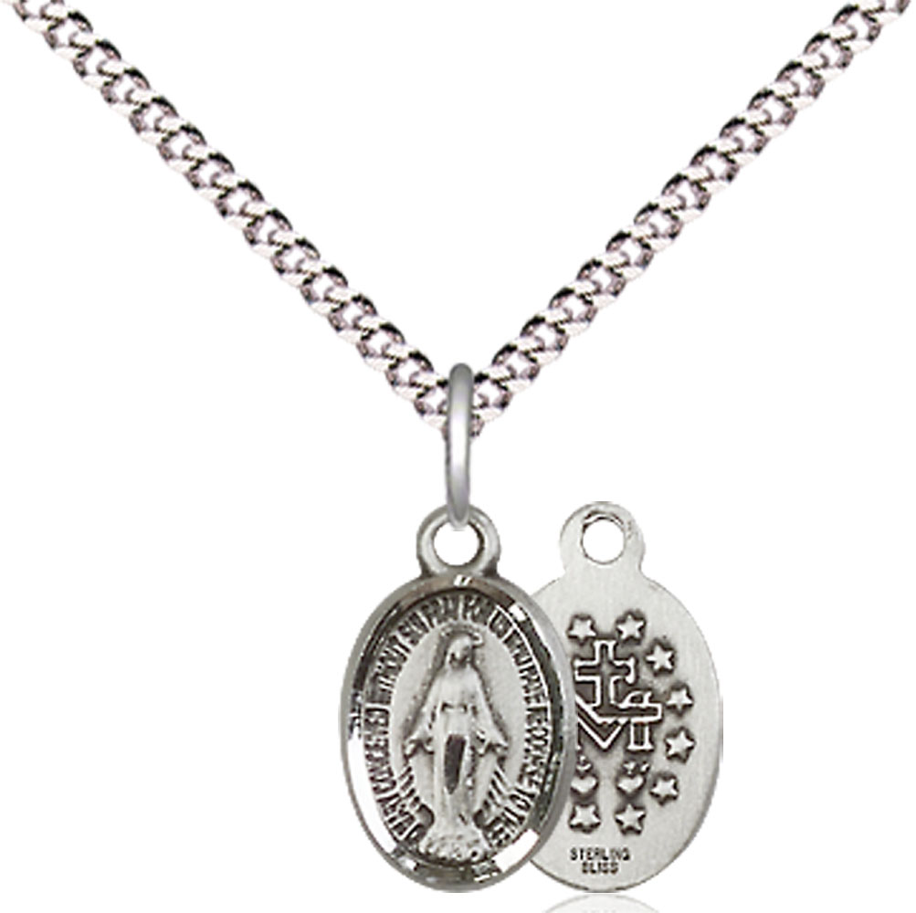 Sterling Silver Miraculous Pendant on a 18 inch Light Rhodium Light Curb chain