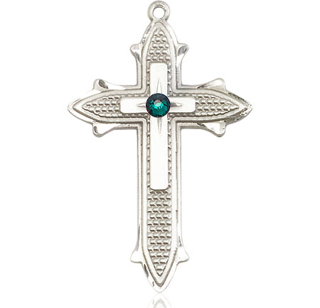 Sterling Silver Cross on Cross Medal with a 3mm Emerald Swarovski stone