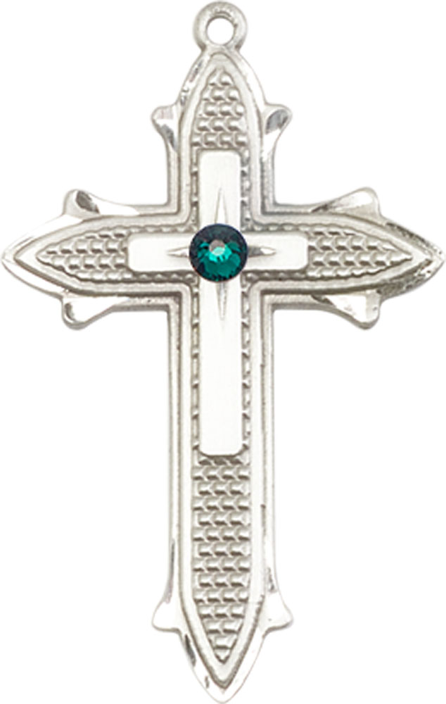 Sterling Silver Cross on Cross Medal with a 3mm Emerald Swarovski stone