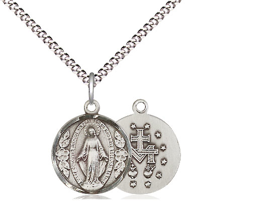 Sterling Silver Miraculous Pendant on a 18 inch Light Rhodium Light Curb chain