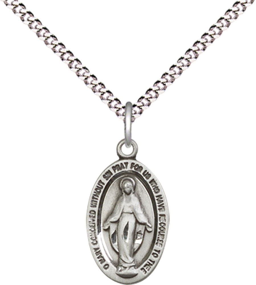 Sterling Silver Miraculous Pendant on a 18 inch Light Rhodium Light Curb chain