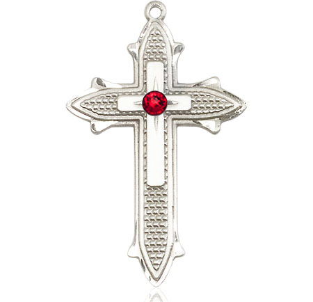 Sterling Silver Cross on Cross Medal with a 3mm Ruby Swarovski stone