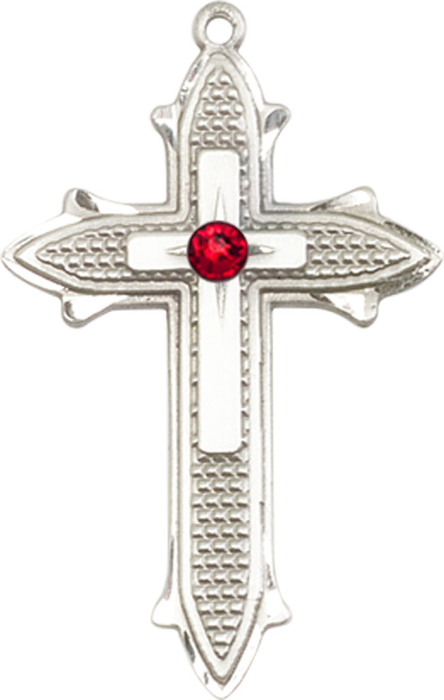 Sterling Silver Cross on Cross Medal with a 3mm Ruby Swarovski stone