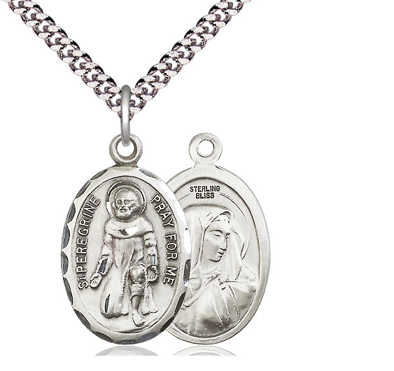 Sterling Silver Saint Peregrine Pendant on a 24 inch Light Rhodium Heavy Curb chain