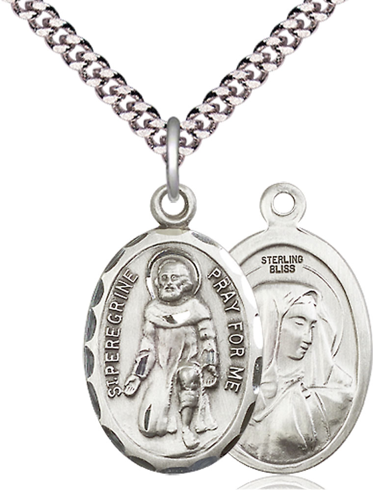 Sterling Silver Saint Peregrine Pendant on a 24 inch Light Rhodium Heavy Curb chain