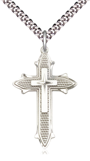 Sterling Silver Cross on Cross Pendant on a 24 inch Light Rhodium Heavy Curb chain