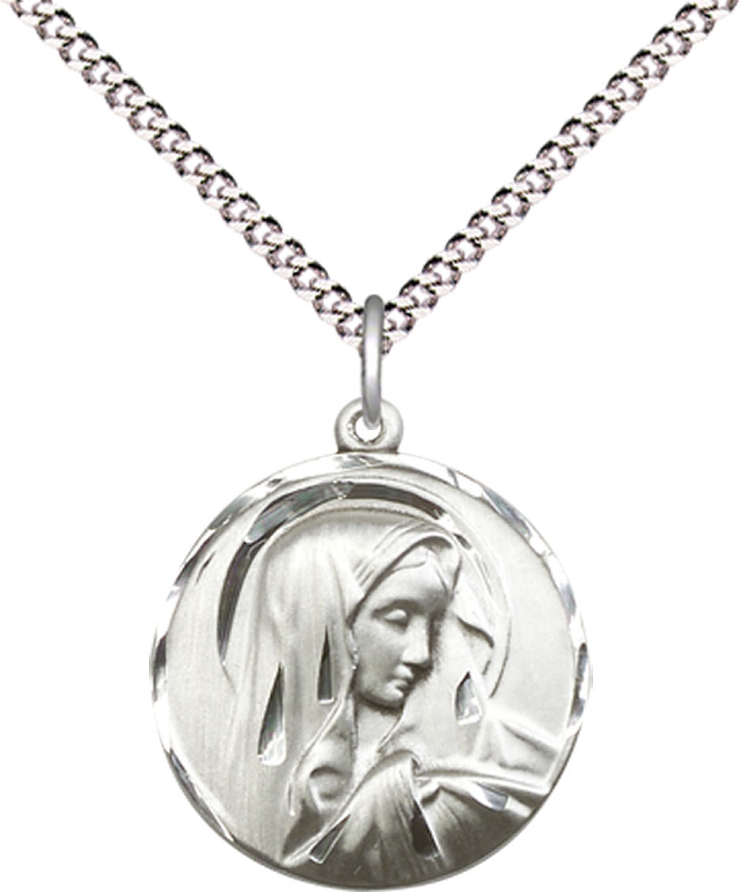 Sterling Silver Sorrowful Mother Pendant on a 18 inch Light Rhodium Light Curb chain