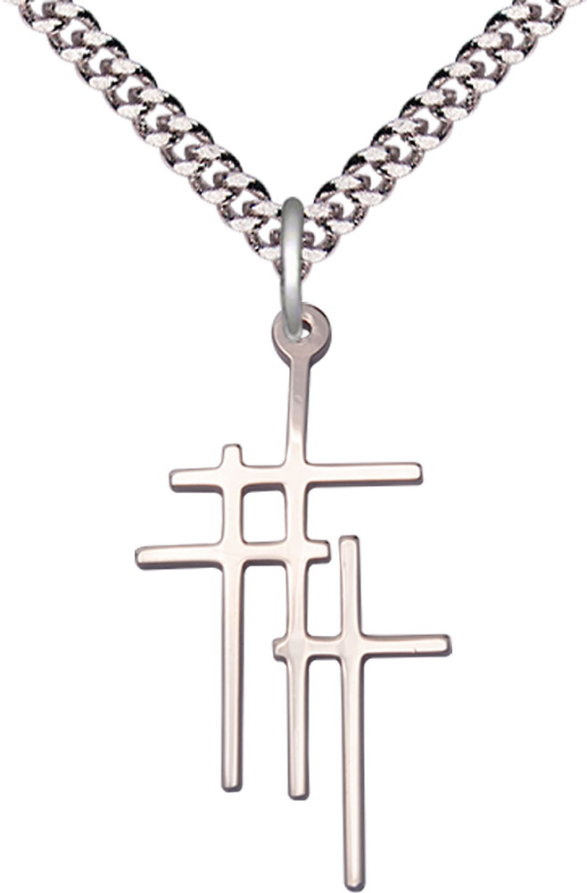 Sterling Silver Triple Cross Pendant on a 24 inch Light Rhodium Heavy Curb chain