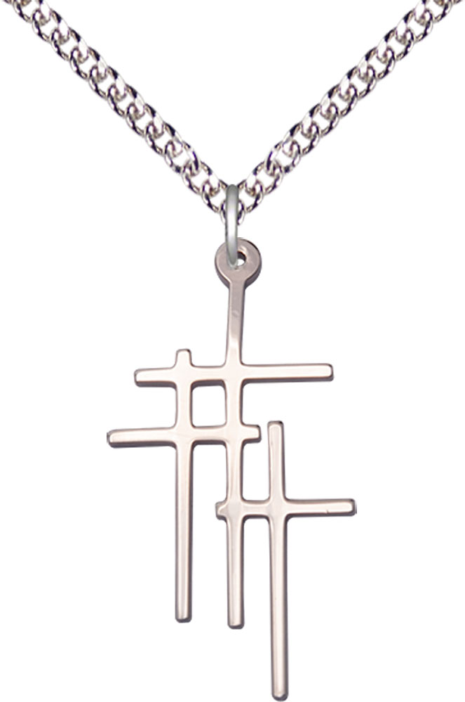 Sterling Silver Triple Cross Pendant on a 24 inch Sterling Silver Heavy Curb chain