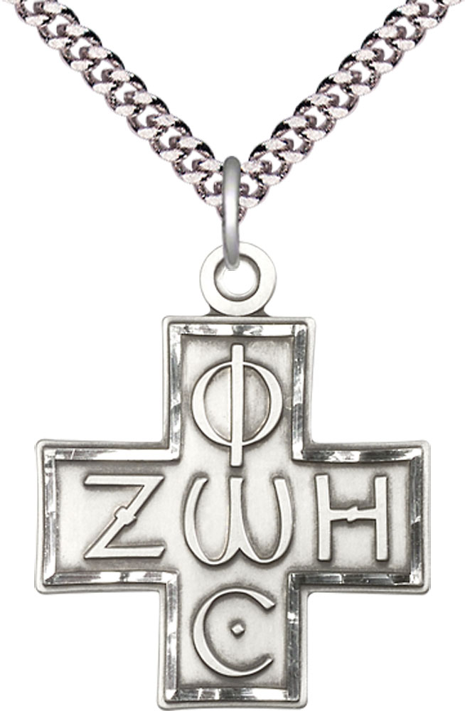 Sterling Silver Light &amp; Life Cross Pendant on a 24 inch Light Rhodium Heavy Curb chain