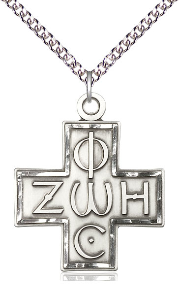 Sterling Silver Light &amp; Life Cross Pendant on a 24 inch Sterling Silver Heavy Curb chain