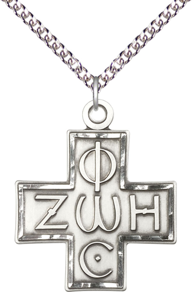 Sterling Silver Light &amp; Life Cross Pendant on a 24 inch Sterling Silver Heavy Curb chain