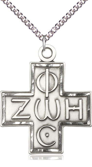 Sterling Silver Light &amp; Life Cross Pendant on a 24 inch Sterling Silver Heavy Curb chain