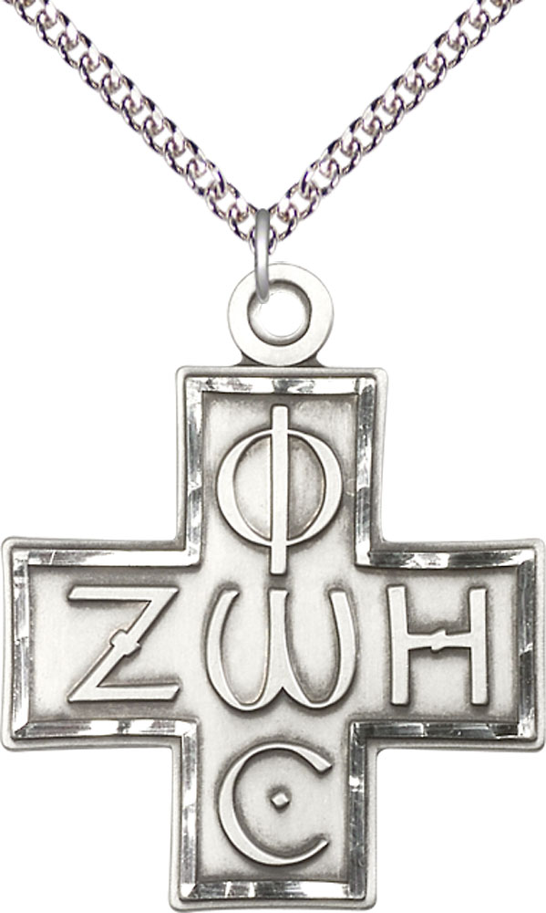 Sterling Silver Light &amp; Life Cross Pendant on a 24 inch Sterling Silver Heavy Curb chain