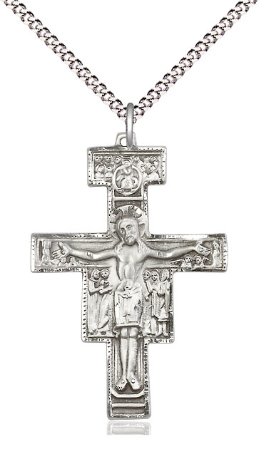 Sterling Silver San Damiano Crucifix Pendant on a 18 inch Light Rhodium Light Curb chain