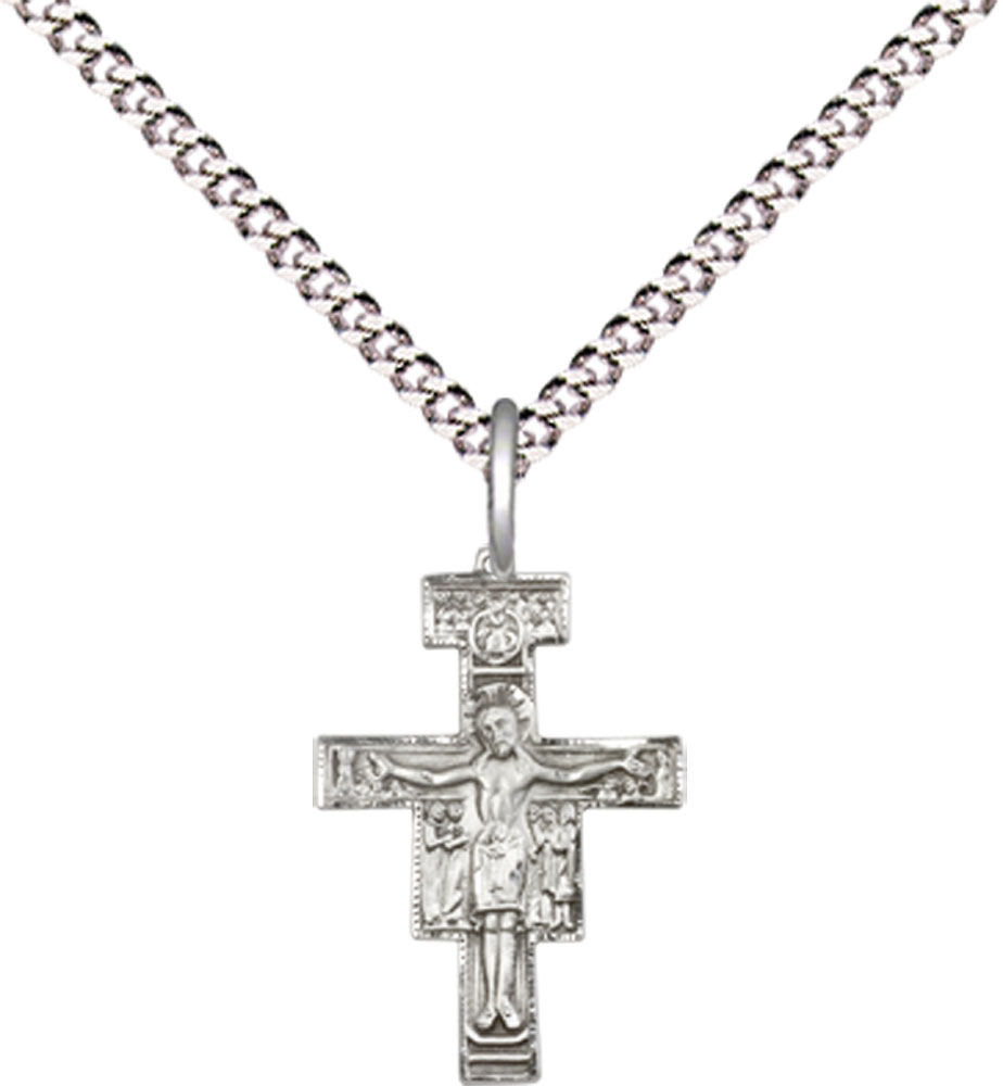 Sterling Silver San Damiano Crucifix Pendant on a 18 inch Light Rhodium Light Curb chain