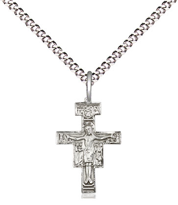 Sterling Silver San Damiano Crucifix Pendant on a 18 inch Light Rhodium Light Curb chain