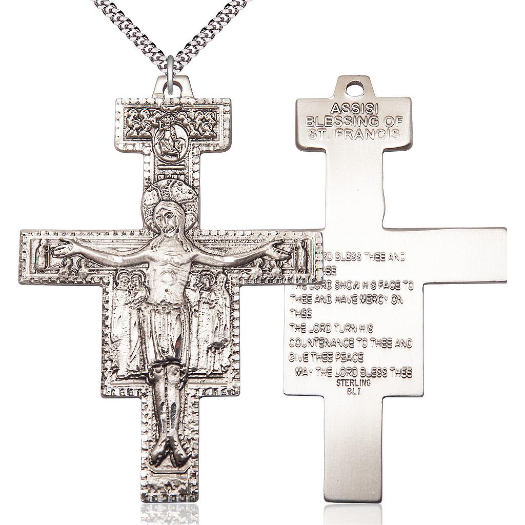 Sterling Silver Damiano Crucifix Pendant on a 24 inch Light Rhodium Heavy Curb chain