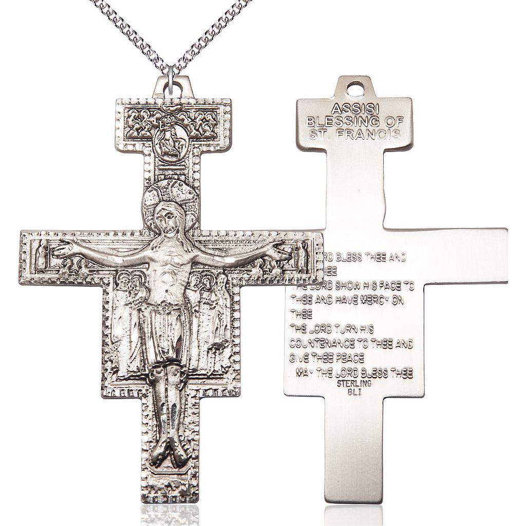 Sterling Silver Damiano Crucifix Pendant on a 24 inch Sterling Silver Heavy Curb chain