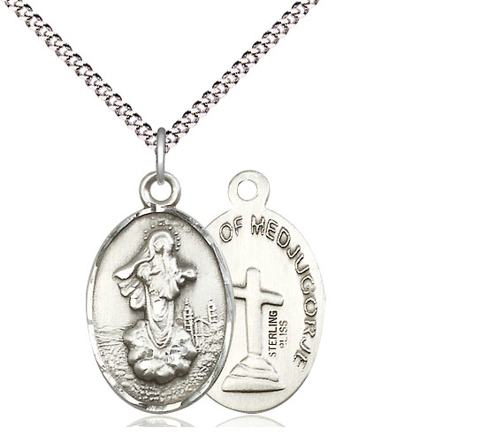 Sterling Silver Our Lady of Medugorje Pendant on a 18 inch Light Rhodium Light Curb chain