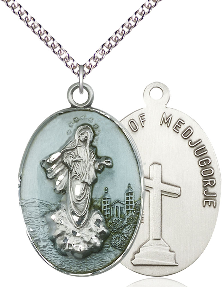 Sterling Silver Medjugorje Pendant on a 24 inch Sterling Silver Heavy Curb chain