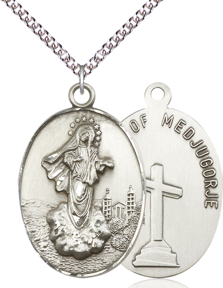 Sterling Silver Our Lady of Medugorje Pendant on a 24 inch Sterling Silver Heavy Curb chain