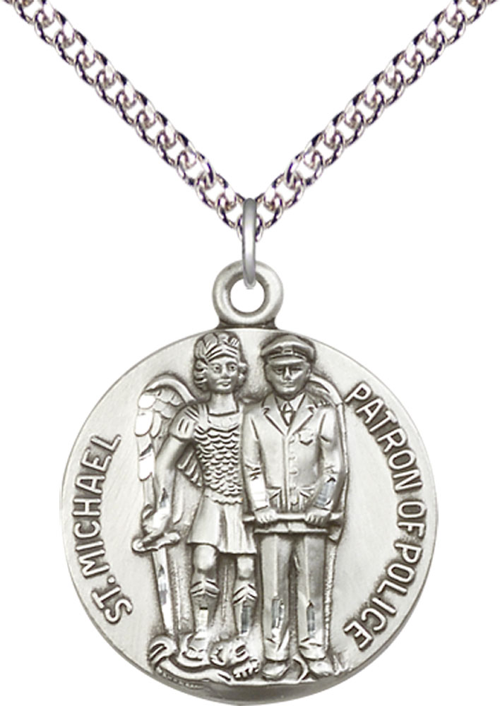 Sterling Silver Saint Michael the Archangel Pendant on a 24 inch Sterling Silver Heavy Curb chain