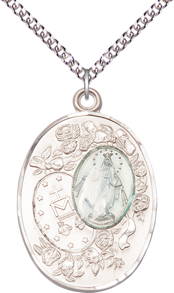 Sterling Silver Miraculous Pendant on a 24 inch Sterling Silver Heavy Curb chain