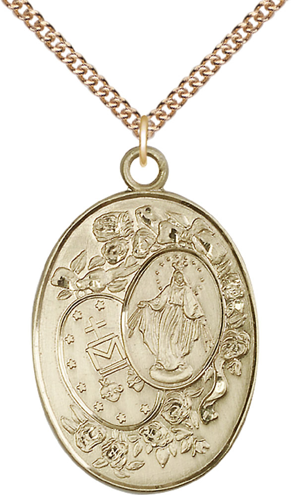 14kt Gold Filled Miraculous Pendant on a 24 inch Gold Filled Heavy Curb chain