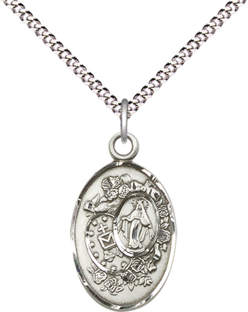 Sterling Silver Miraculous Pendant on a 18 inch Light Rhodium Light Curb chain