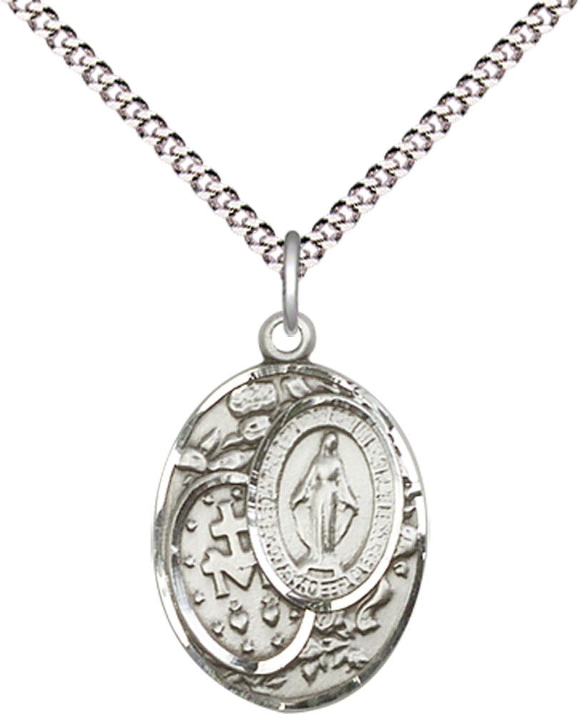 Sterling Silver Miraculous Pendant on a 18 inch Light Rhodium Light Curb chain