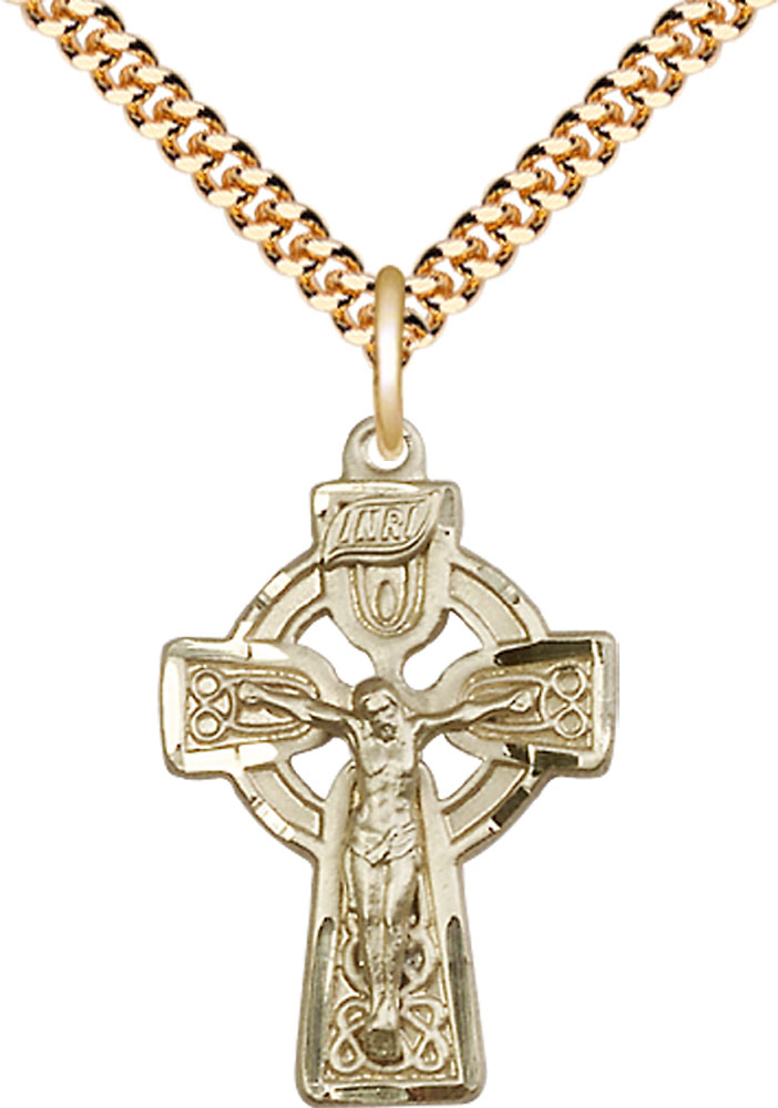 14kt Gold Filled Celtic Crucifix Pendant on a 24 inch Gold Plate Heavy Curb chain