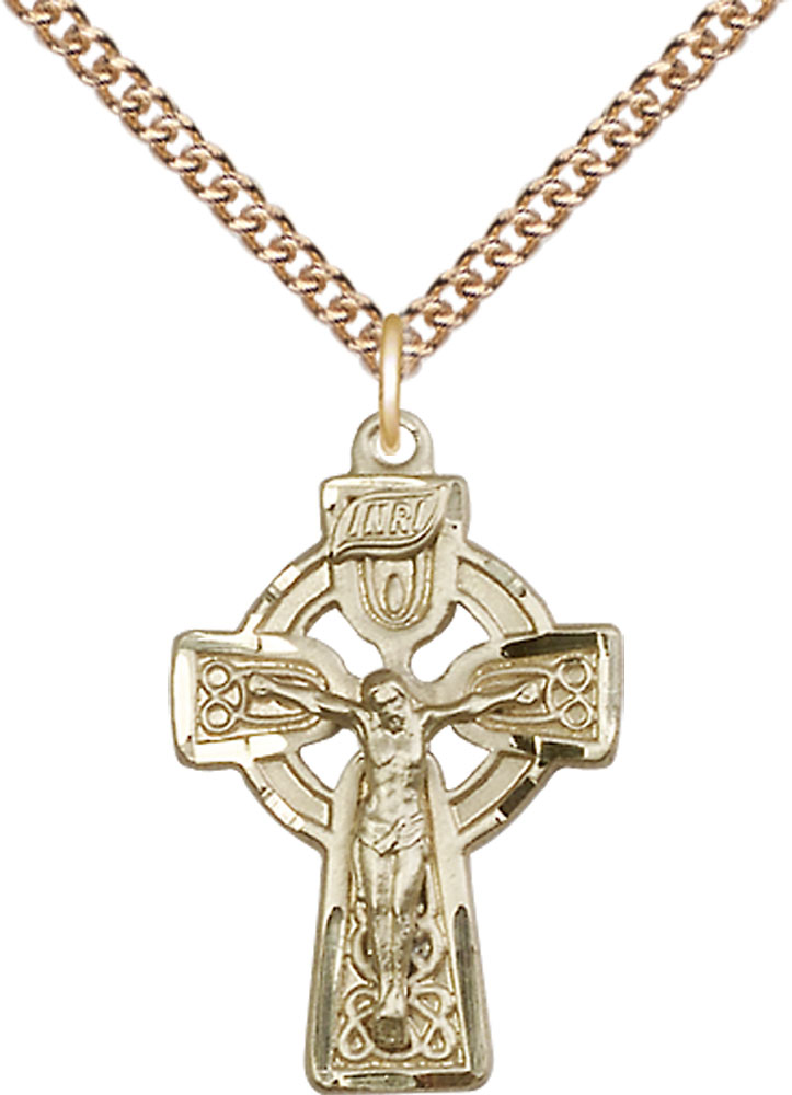 14kt Gold Filled Celtic Crucifix Pendant on a 24 inch Gold Filled Heavy Curb chain