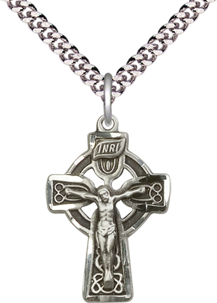 Sterling Silver Celtic Crucifix Pendant on a 24 inch Light Rhodium Heavy Curb chain