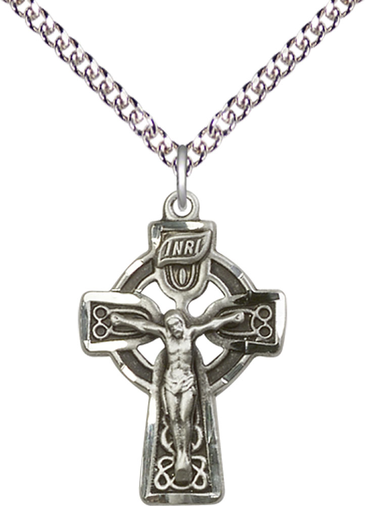 Sterling Silver Celtic Crucifix Pendant on a 24 inch Sterling Silver Heavy Curb chain