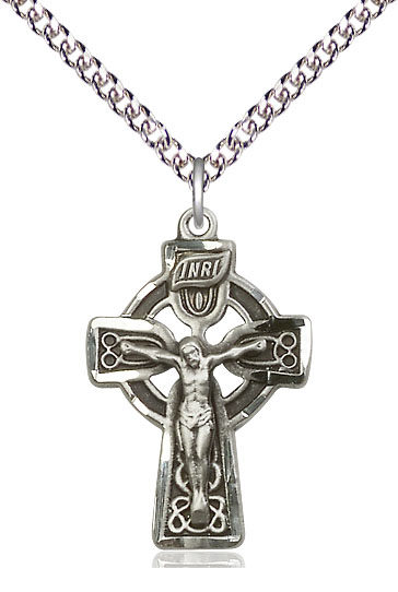 Sterling Silver Celtic Crucifix Pendant on a 24 inch Sterling Silver Heavy Curb chain