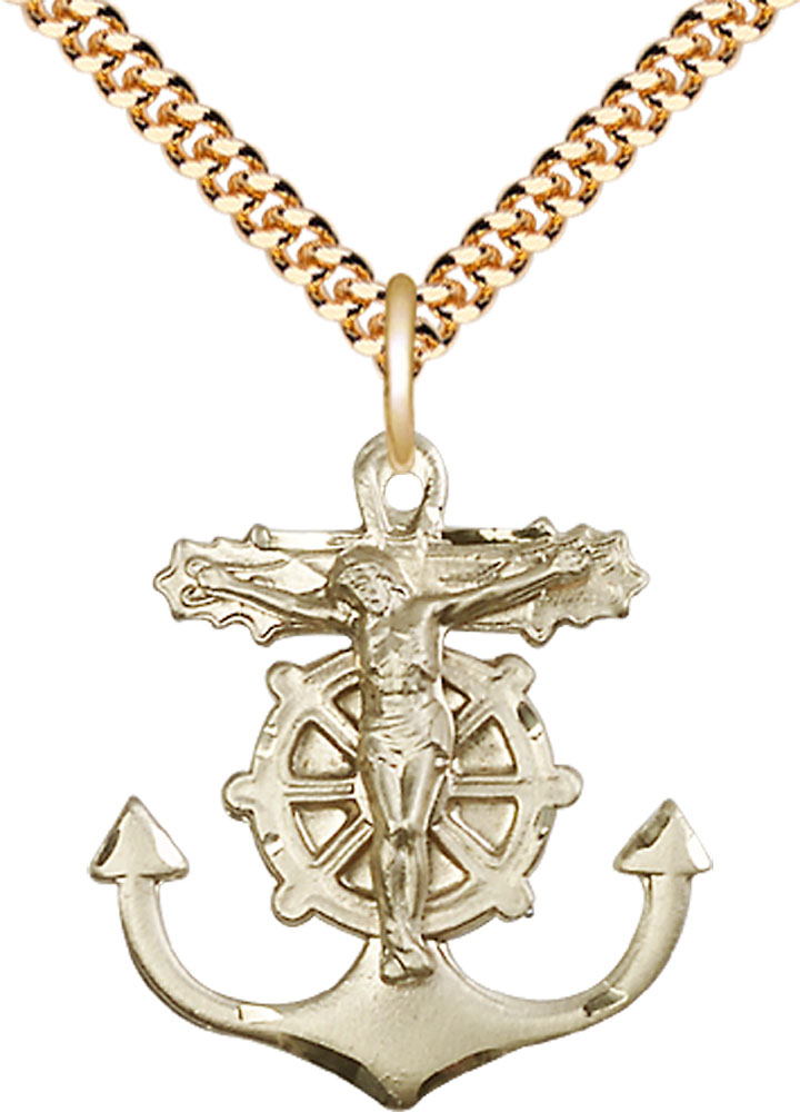 14kt Gold Filled Anchor Crucifix Pendant on a 24 inch Gold Plate Heavy Curb chain