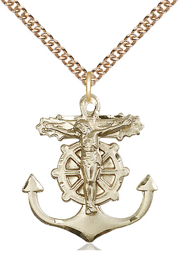 14kt Gold Filled Anchor Crucifix Pendant on a 24 inch Gold Filled Heavy Curb chain